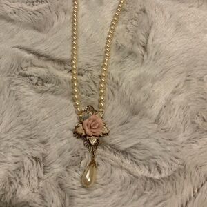 1925 Necklace with Pink Rose and Teardrop Pearl Dangle